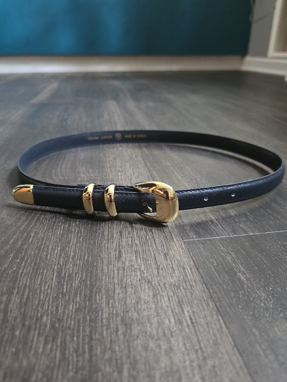 Vintage Navy Blue Genuine Leather Skinny Belt Gold Buckle Western Boho Medium